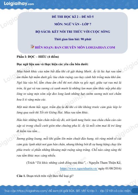Đề thi học kì 2 Văn 7 Kết nối tri thức - Đề số 5